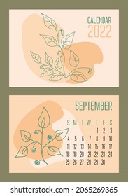  Calendario horizontal vectorial 2022 con vigas abstractas y plantas en un estilo de collage contemporáneo a la moda. La semana comienza el domingo. Portada y página Septiembre en tamaño A3, A4, A5. Diseño en tonos pastel. EPS10