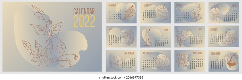  Vector horizontal calendar 2022 with abstract shapes and plants in trendy contemporary collage style. Cover and 12 monthly pages in size A3, A4, A5. Week starts on Monday. Design in pastels colors.