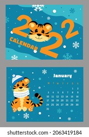 Vector horizontal calendar 2022 with symbol of the year tiger. Cute funny character little tiger. Week starts in Monday. A set of page January and cover in size A3, A4, A5. Colorful design.