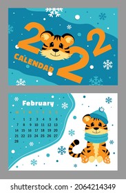  Vector horizontal calendar 2022 with symbol of the year tiger. Cute funny character little tiger. Week starts in Monday. A set of page February and cover in size A3, A4, A5. Colorful design. EPS10.