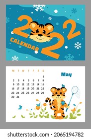Vector horizontal calendar 2022 with symbol of the year tiger. Cute funny character little tiger. Week starts on Monday. A set of page May and cover in size A3, A4, A5. Colorful design. EPS10.