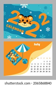  Vector horizontal calendar 2022 with symbol of the year tiger. Cute funny character little tiger. Week starts on Monday. A set of page July and cover in size A3, A4, A5. Colorful design. EPS10.