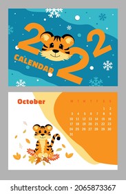 Calendario horizontal vectorial 2022 con el símbolo del tigre del año. Pequeño tigre gracioso. La semana comienza el lunes. Un conjunto de páginas Octubre y cobertura en tamaño A3, A4, A5. Diseño colorido. EPS10.