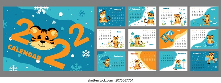 Vector horizontal calendar 2022 with symbol of the year tiger. Cute funny character little tiger. Week starts in Monday. A set of 12 pages and cover in size A3, A4, A5. Colorful design.