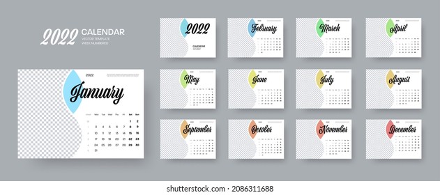 Vektorhorizontaler Kalender 2022 Vorlage, Farbeinsatz mit Monaten, Abdeckung mit Platz für Foto. Für die Organisation auf weißem Hintergrund, Büro. Wall-Planer für ein Jahr, mit Wochen, Tagen.