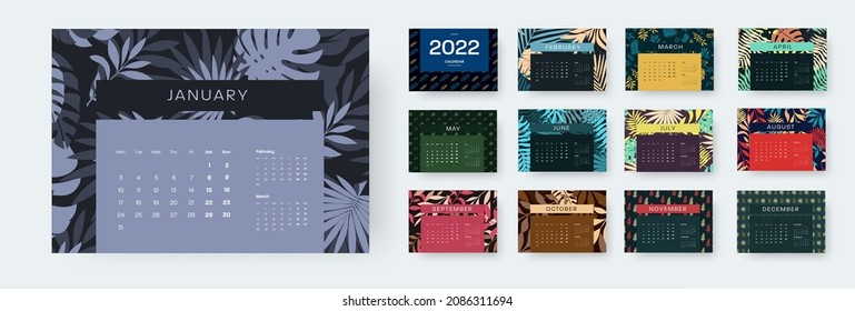 Vector horizontal calendar 2022 template, tropical pattern, colored, black insert with months. Cover set with exotic leaves on the background. Planner for the organization for a year, with weeks, days
