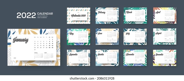 Vector horizontal calendar 2022 template, colorful tropical pattern, white insert with months, exotic leaves on background. Planner for a year, with weeks, days, to organize the company. Cover set