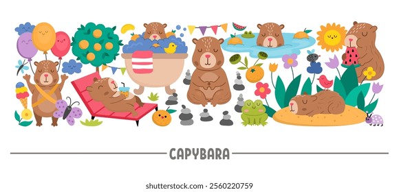 Vector horizontal capybara border set with cute animals. Capibara card template design with relaxed guinea pigs meditating, sleeping, relaxing, having fun, frog, tangerines, fruit, flowers, butterfly