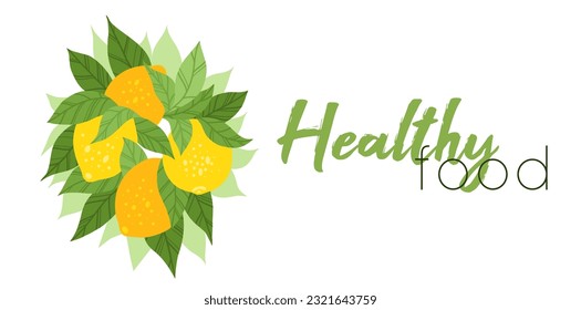 Tarjeta horizontal vectorial con ilustración de un montón de limones, follaje y letras. Alimentos saludables. Fruto cítrico plano a mano con cita. Cartel de menú, postal y recetas