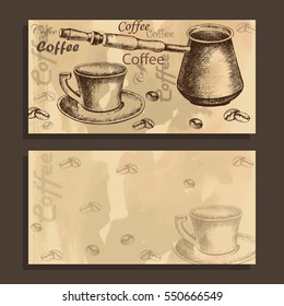 Vector horizontal card, menu with sketch of coffee set on old paper background for design