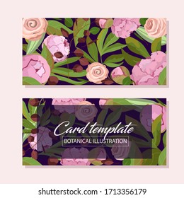 Tarjeta horizontal vectorial con peonías sobre fondo oscuro. Elegante ilustración botánica pavimentada con flores y hojas. Felicitaciones en estilo retro.