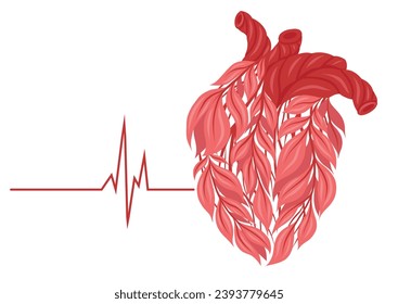 Vector horizontal card with pink healthy human heart made of leaves with cardiogram. Safe heart transplant. Eco friendly lifestyle with pulse. Love for the environment.