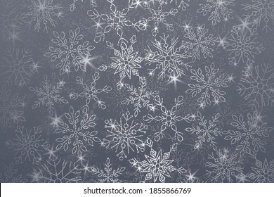 Vector horizontal Christmas background with silver glitter snowflakes. Sparkling pearlescent gray winter backdrop.