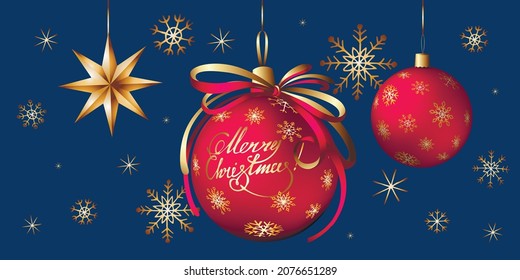 Vektorhorizontaler Weihnachtsbanner, Karte, Poster, Einladung. Goldener Stern, Schneeflocken, dekorative rote Bälle mit Schleife und Schriften auf dunkelblauem Hintergrund. Urlaubsdesign.
