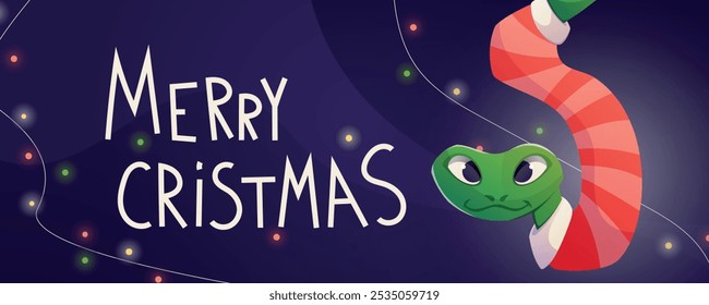 Vector horizontal Christmas banner. Cute green tree snake in Santa clothes or scarf. Symbol of Chinese New Year 2025. Advertising brochure or gift card.