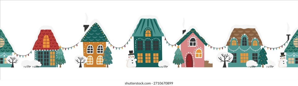 Vektor horizontale Weihnachtsgrenze mit Häusern. Perfekt für die Gestaltung von Webseiten, Karten und Bannern im Urlaub