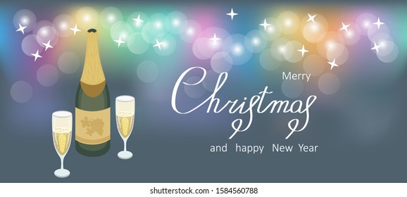 Vector of horizontal  Christmas card,banner with champagne bottle and glasses on festive,magic background.New Year design.Isolated elements
