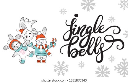 Vektorwaagerechte Weihnachtskarte. Rute Kaninchen, Schneeflocken und Buchstabieren von Steinglocken. Farbige Illustration einzeln auf Weiß. Für Banner, Dekor, Design, Karten, Design-Kissen, Druck.
