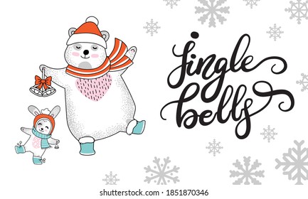 Vector horizontal Christmas congratulation card. Cute rabbit and bear, lettering Jingle Bells. Colorful illustration isolated on white background. For banner, decor,design,cards, design cushion, print