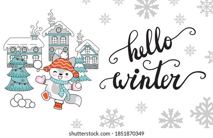 Vector horizontal Christmas congratulation card. Cute fox, playing in snowballs, lettering Hello Winter. Colorful illustration isolated on white. For banner, decor,design,cards, design cushion, print.