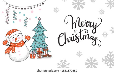 Vector horizontal Christmas congratulation card. Cute snowman, snowflakes and lettering Merry Christmas. Colorful illustration isolated on white background.For banner, decor,design,cards, party, print