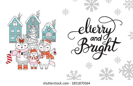 Vector horizontal Christmas congratulation card.Cute characters, snowflakes and lettering Merry and Bright. Colorful illustration isolated on white.For banner, decor,design,cards,design cushion, print