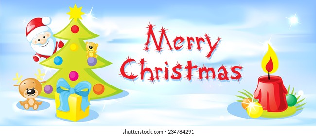 vector horizontal christmas design with snow and xmas tree