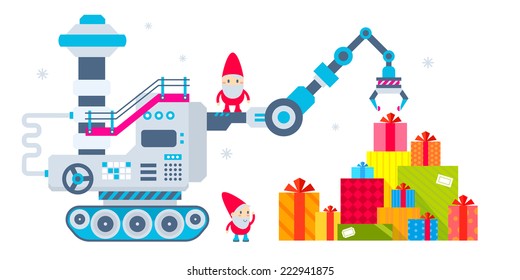 Vector horizontal Christmas illustration of the gnome operates the machine, which has brought a lot of gifts and putting  them a pile. Color bright flat design for card, banner, poster, advertising