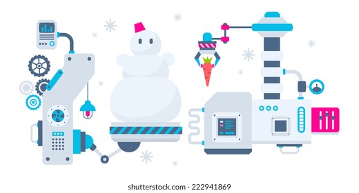 Vector horizontal Christmas illustration of the machines that make a snowman and bear him a carrot to make a nose. Color bright flat design for card, banner, poster, advertising, blog 