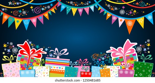 Vector horizontal Christmas illustration. Horizontal christmas poster, greeting cards, headers, website. Celebration blue background with gift box, garland, stars and place for your text. Flat lay.