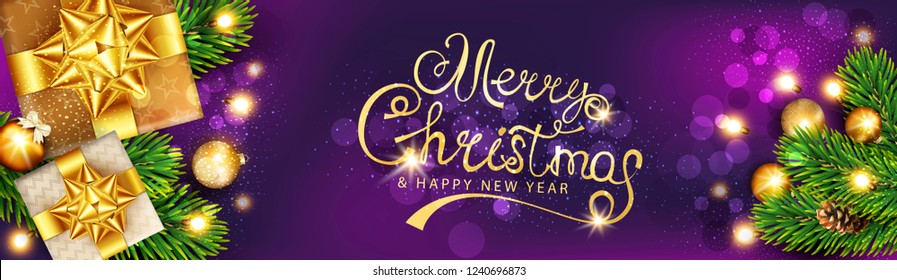 Vector horizontal Christmas illustration. Xmas gold  gifts boxes and golden stars, balls, garland on the violet background. Template for posters, banner, cards, headers, website.