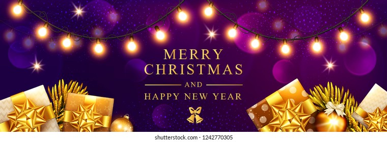 Vector horizontal Christmas illustration. Xmas gold  gifts boxes and golden stars, balls, garland on the violet background. Template for posters, banner, cards, headers, website.