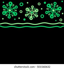 Vector horizontal Christmas party design template with copy space (place for your text). Abstract Christmass illustration with green snowflakes on black background.