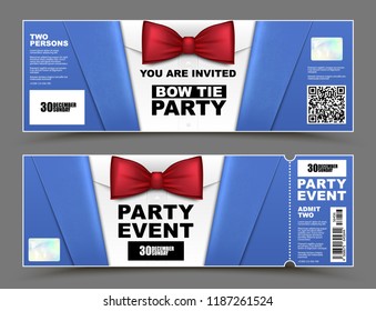 Vector horizontal cocktail party event invitations. Red bow tie official isolated businessmen banners. Elegant party ticket card with blue suit and white shirt