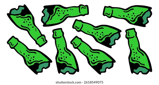 
Vector Anuncio de color Horizontal con una colección del mismo tipo de botellas de vidrio rotas sobre un fondo aislado blanco