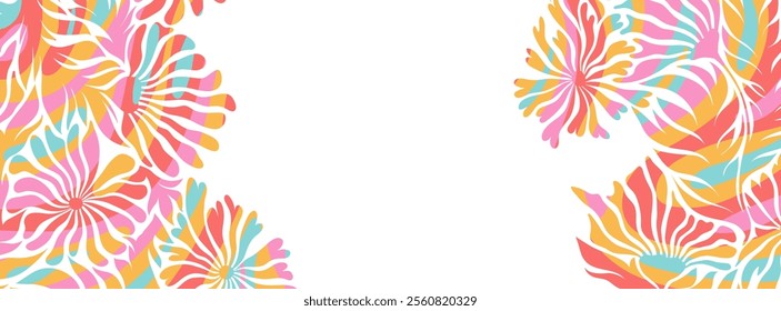 Vector horizontal colorful banner with abstract hand drawn flowers isolated on white background. Floral design illustration template for poster, card print, web banner, social media