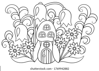 Página de coloración horizontal vectorial con hongos y flores en el bosque
