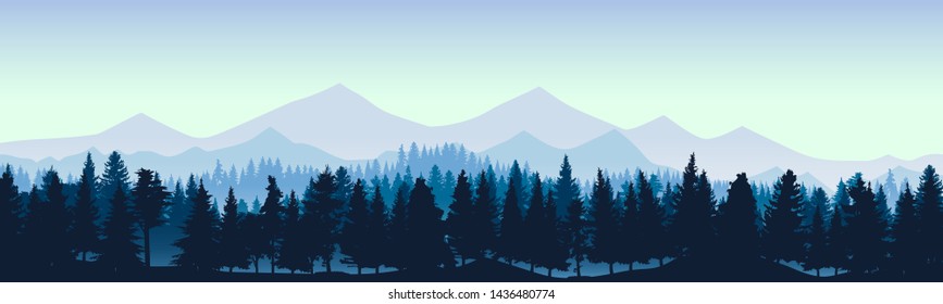 Vector horizontal coniferous forest with mountains. Stock vector illustration. EPS 10. Panoramic background with mountain views.