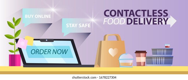 Vector horizontal contactless delivery banner with laptop, package with food, coffee and dessert. Online shopping concept for web pages, advertisements, applications. Quarantine flat style background