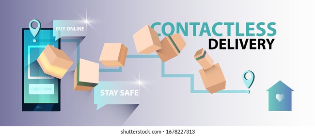 Vector horizontal contactless delivery banner with smartphone, packages with goods, house icon and gps location sign. Online shopping concept for web pages, advertisements, applications