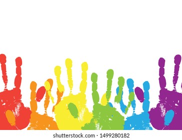 Vector horizontal copy space, bottom border with different colours imprint, trace, stamp from the human hand, good as a place for your text