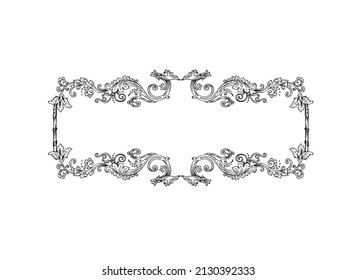 Vector horizontal decorative frame in Baroque Victorian vintage retro style, empty rectangular engraved label scroll monogram frame with flowers and swirls