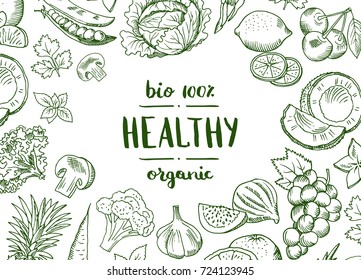 Vector horizontal doodle handdrawn fruits and vegetables vegan, healthy food banner and poster with background vegetables illustration