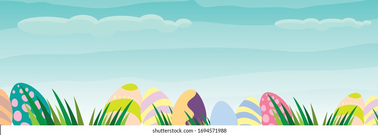 vector horizontal easter banner with colorful eggs on green grass isolated on blue sky background. vector happy easter background for greeting text