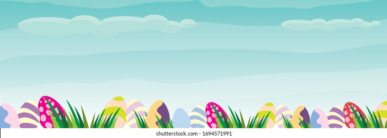 vector horizontal easter banner with colorful eggs on green grass isolated on blue sky background. vector happy easter background for greeting text