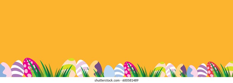vector horizontal easter banner with colorful eggs on green grass. vector happy easter background for greeting text
