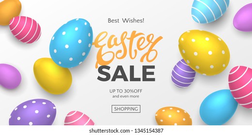 Vector horizontal Easter sale banner with text and 3D realistic colorful eggs on white background. Festive template for promotional newsletters and flyers with discount or special offers.