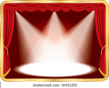 vector horizontal empty stage with red curtain and three spots, eps 10 file
