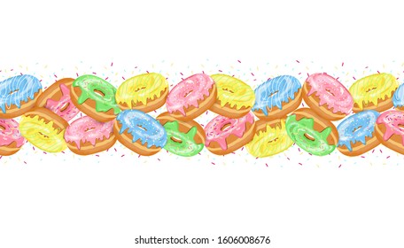 Vector horizontal endless border of Donuts with colorful glaze and sugar icing on white background. Cartoon flat seamless pattern with dessert for sweet shop, Donut Day poster, box design, pack cover.