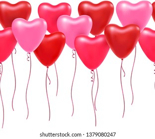 Vector horizontal endless border with red and pink balloon hearts. Festive decor template for Birthday, Valentines Day, party, wedding. Romantic seamless pattern with hearts.